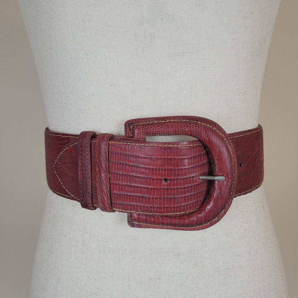 Vintage Cipriani Belt Medium Red Lizard Leather Wide Textured Statement Boho 90s
